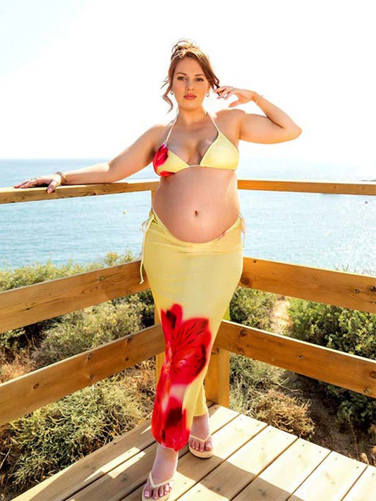 fotobeyou Light Yellow 3 Pieces Flowers Bikini Maternity Swimwear