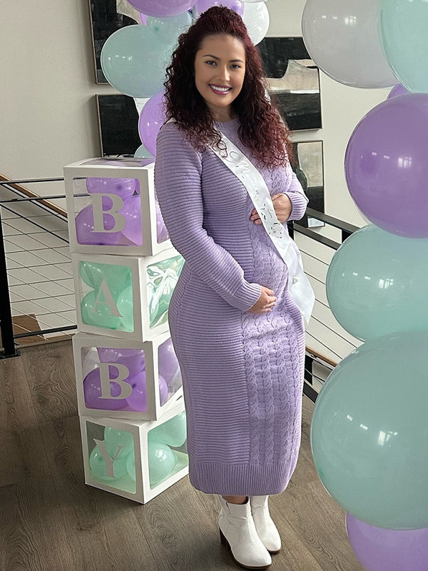 Fotobeyou Purple Round Neck Crochet Maternity Baby Shower Sweater Maxi Dress