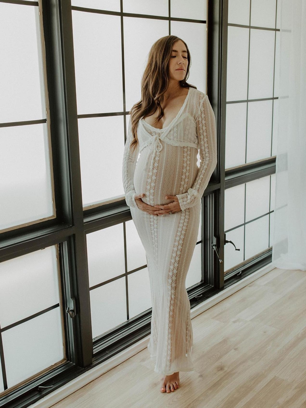 fotobeyou Ivory Lace Two Piece Set Side Slit V-neck Cami Maxi Dress And Crop Cardigan Elegant Going Out Maternity Photoshoot Baby Shower Maxi Dress