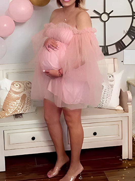fotobeyou Grenadine Pink Off Shoulder Ruffle Tulle Tutu Plus Size Baby Shower Maternity Mini Dress
