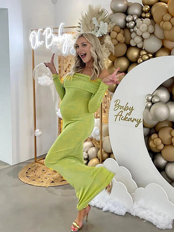 fotobeyou Green Ruched Off Shoulder Bodycon Elegant Cocktail Party Gown Maternity Photoshoot Baby Shower Maxi Dress