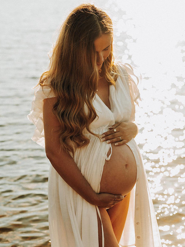 fotobeyou White Deep V Neck Button Down Boho Beach Bikini Cover Up Dress Party Photoshoot Maternity Dress