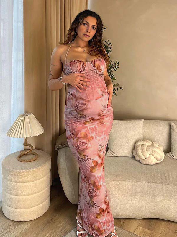 fotobeyou Pink Floral Corset Back Slit Halter Neck Cami Bodycon Chic Cocktail Party Maternity Photoshoot Baby Shower Maxi Dress