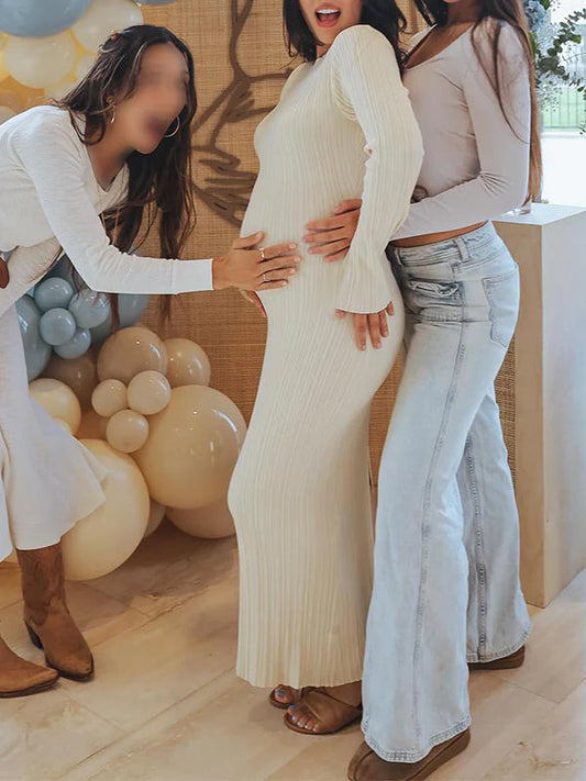 fotobeyou Knit Solid Color Elegant Photoshoot Baby Shower Maternity Maxi Sweater Dress