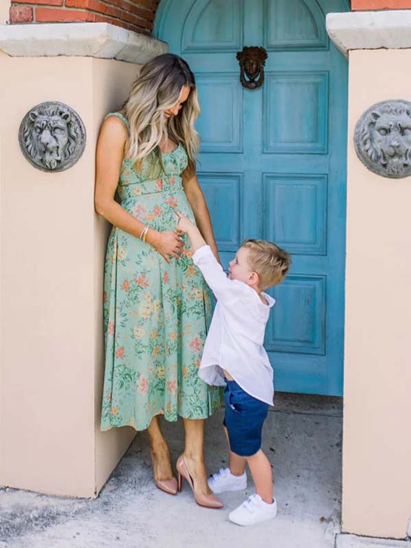 fotobeyou Green Floral Side Slit Ruffle Bow Flowy Back Zipper Photoshoot Baby Shower Maternity Maxi Dress