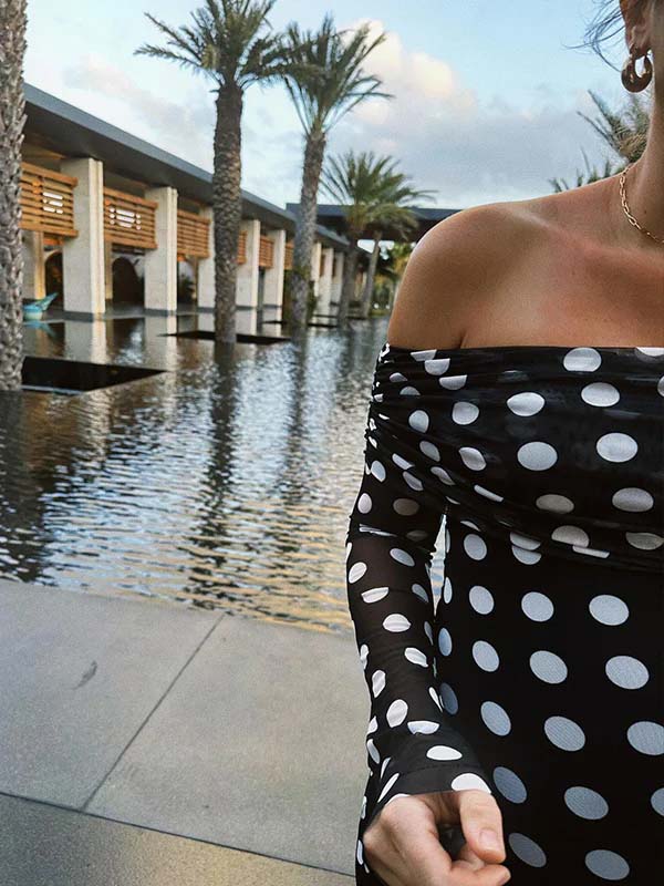fotobeyou Black And White Polka Dot Off Shoulder Ruched Bodycon Elegant Going Out Cocktail Maternity Photoshoot Maxi Dress
