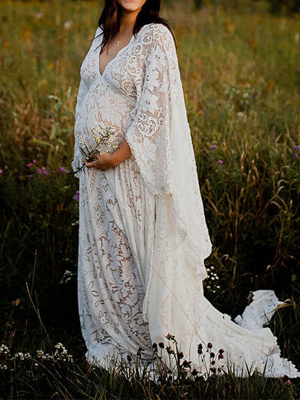 fotobeyou Floral Lace Backless Boho Baby Shower Flare Sleeve Pregnant Maternity Photoshoot Maxi Dress