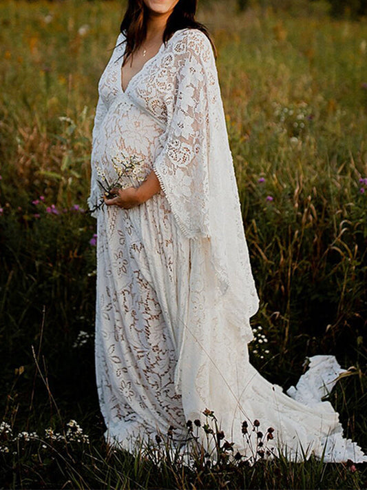 fotobeyou Floral Lace Backless Boho Baby Shower Flare Sleeve Pregnant Maternity Photoshoot Maxi Dress