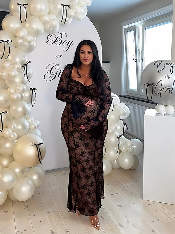 fotobeyou Black Lace Bow Grenadine Flare Sleeve Mermaid Back Lace Up Photoshoot Baby Shower Maternity Maxi Dress