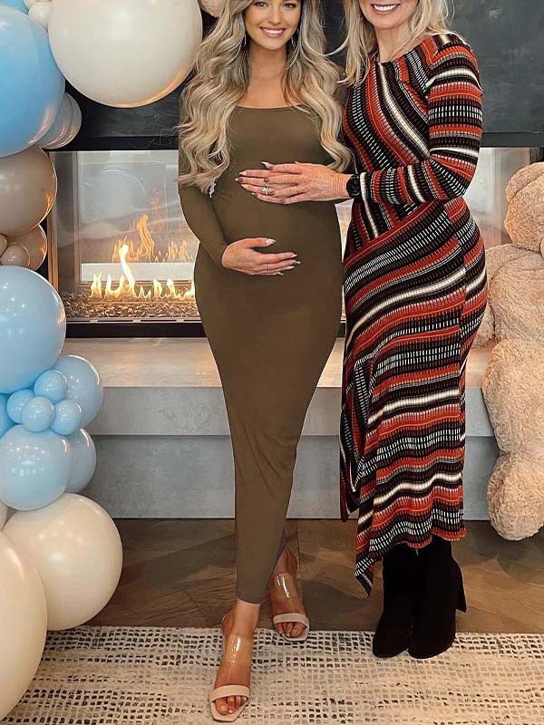 fotobeyou Coffee U neck Bodycon Daily Going out Baby Shower Maternity Photoshoot Maxi Dress