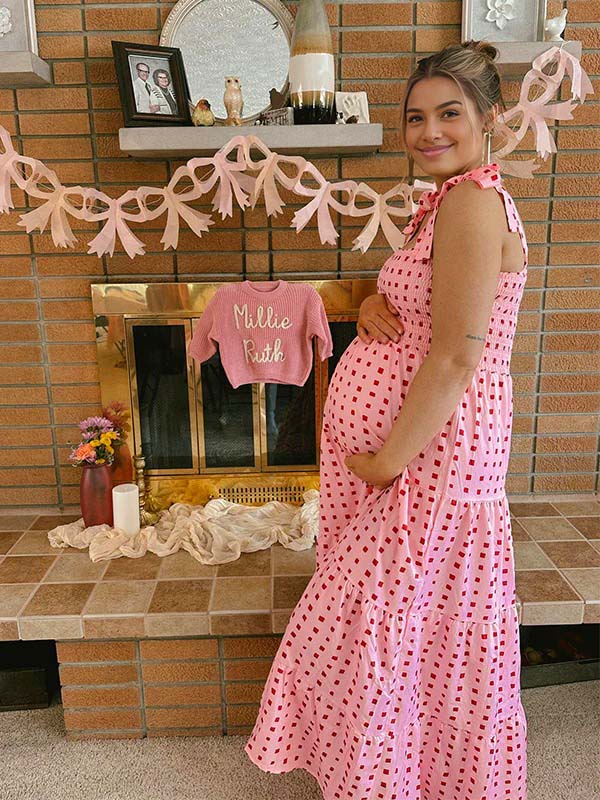 fotobeyou Bow Smocked Polka Dot Flowy Gender Reveal Baby Shower Maternity Maxi Dress
