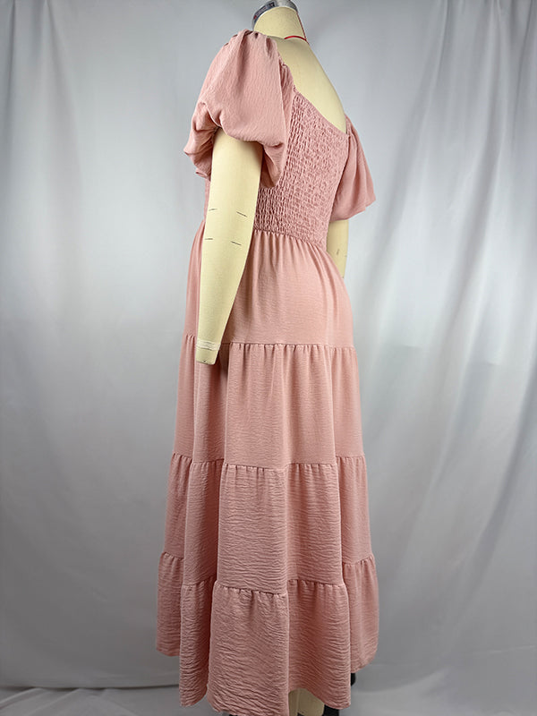 fotobeyou Pink Smocked Square Neck A-line Puff Sleeve Sweet Maternity Baby Shower Maxi Dress