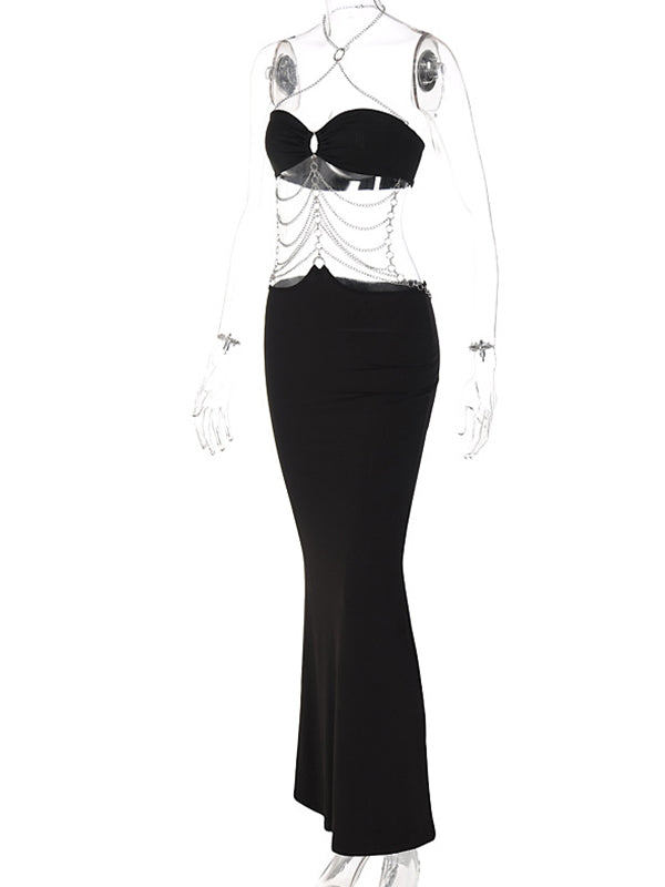 fotobeyou Black Cut Out Chain Halter Neck Bodycon Photoshoot Elegant Maternity Maxi Dress