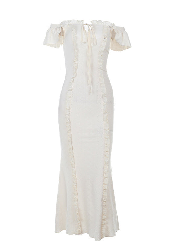 fotobeyou Beige Off Shoulder Lace-up Maternity Photoshoot Maxi Dress