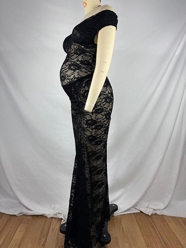 fotobeyou Lace Off Shoulder Backless Bodysuit And Ruched Bodycon Skirt Two Piece Set Elegant Sheer Maternity Photoshoot Maxi Dress
