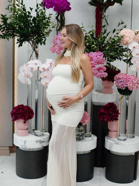 fotobeyou Sheer Mesh Ruched Bandeau Off Shoulder Long Sleeve Mermaid Elegant Cocktail Party Gown Maternity Photoshoot Baby Shower Maxi Dress