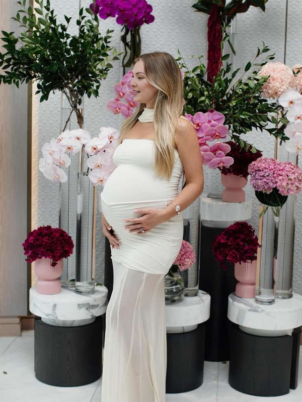 fotobeyou Sheer Mesh Ruched Bandeau Off Shoulder Long Sleeve Mermaid Elegant Cocktail Party Gown Maternity Photoshoot Baby Shower Maxi Dress