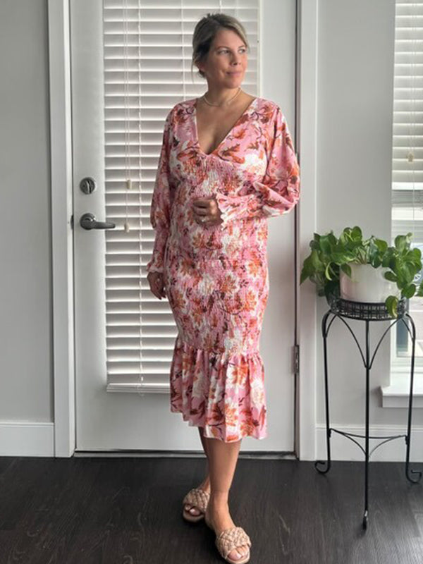 fotobeyou Pink Floral Smocked Mermaid Deep V-neck Lantern Sleeve Elegant Cocktail Party Maternity Photoshoot Baby Shower Maxi Dress