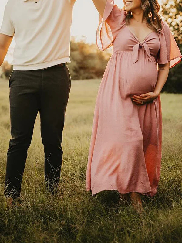 fotobeyou Bow Flutter Sleeve Solid V-neck Flowy Vacation Beach Cute Baby Shower Photoshoot Maternity Maxi Dress