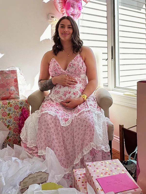 Pink Lace Floral Ruffle Baby Girl Shower Maternity Maxi Dress
