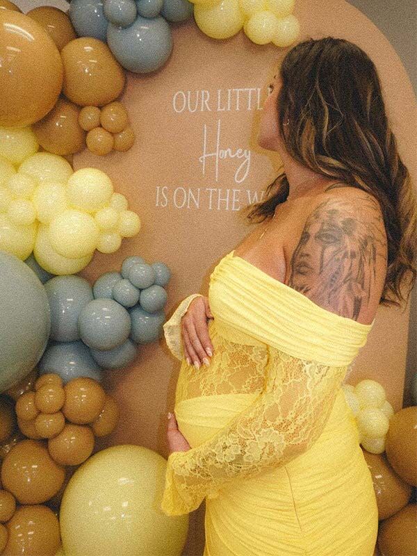 fotobeyou Off Shoulder Lace Ruched Mermaid Baby Shower Maternity Maxi Dress