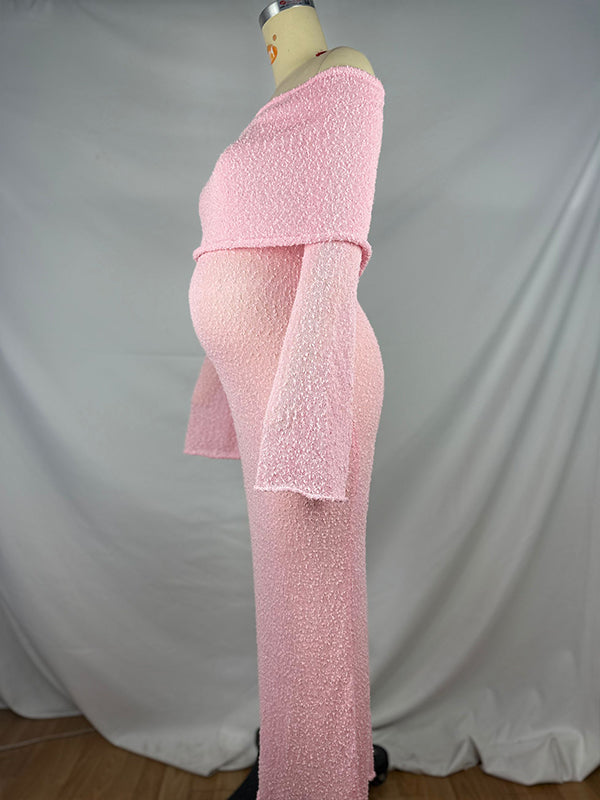 fotobeyou Pink Off Shoulder Knitwear Elegant Maternity Baby Shower Maxi Dress