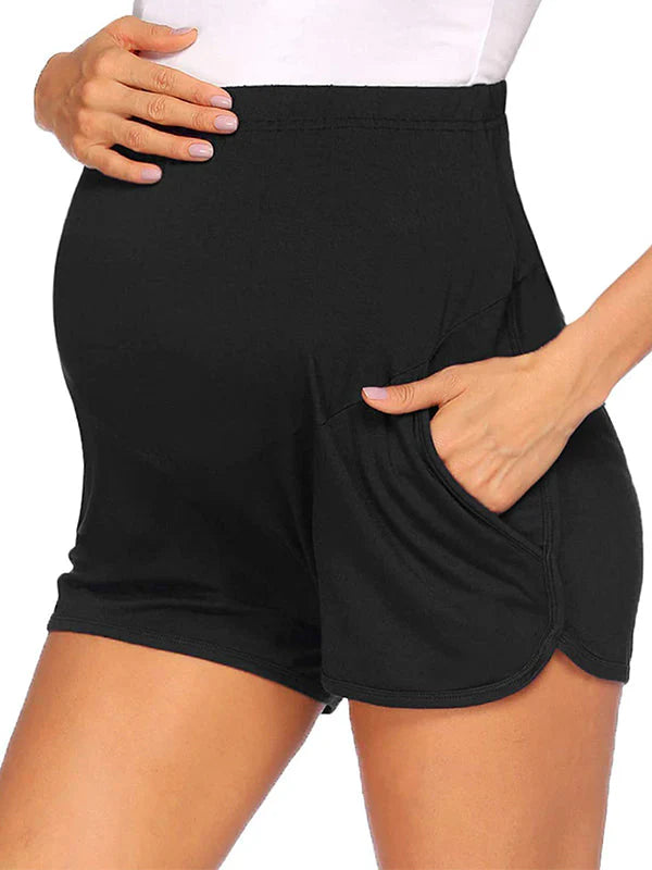 fotobeyou Solid Color Over The Belly Side Slits Pockets High Waisted Workout Cozy Pants Casual Maternity Shorts