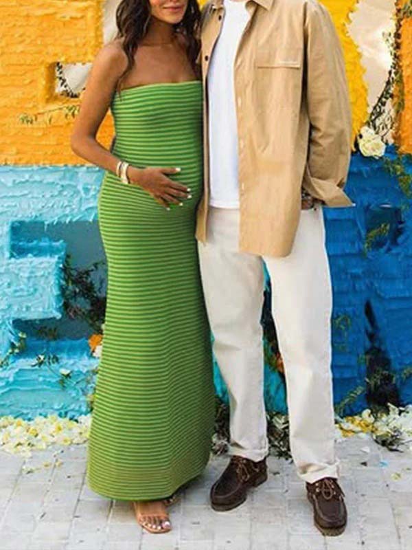 fotobeyou Striped Knitted Bandeau Strapless Bodycon Elegant Maternity Baby Shower Maxi Dress
