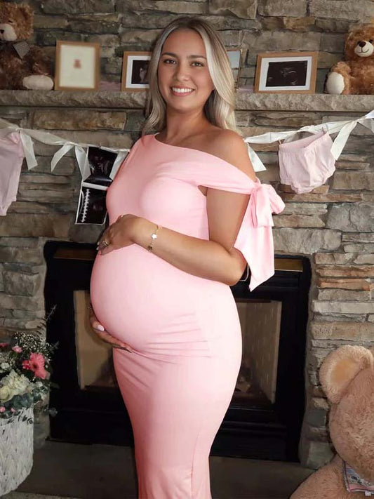 Pink Bowknot One Shoulder Elegant Maternity Baby Shower Maxi Dress