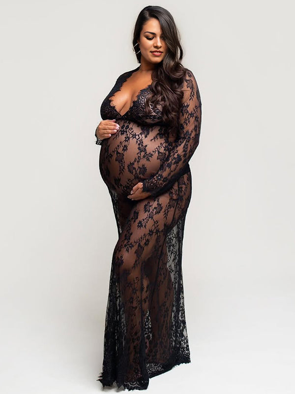 Sheer Lace Robe V-neck Bathtub Photoshoot Maternity Maxi Dress