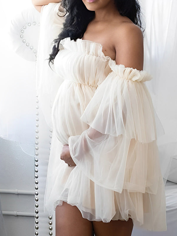 fotobeyou Apricot Cascading Ruffle Off Shoulder Tulle Pricess Mesh Cottagecore Cream Baby Shower Photoshoot Pregnant Maternity Mini Dress