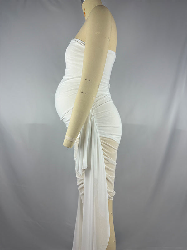 fotobeyou White Tube Sheer Grenadine Draped Baby Shower Maternity Mini Dress