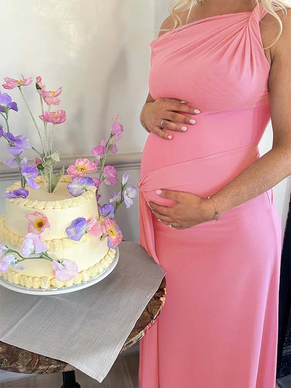 Pink One Shoulder Ruched Mesh ELegant Maternity Maxi Dress