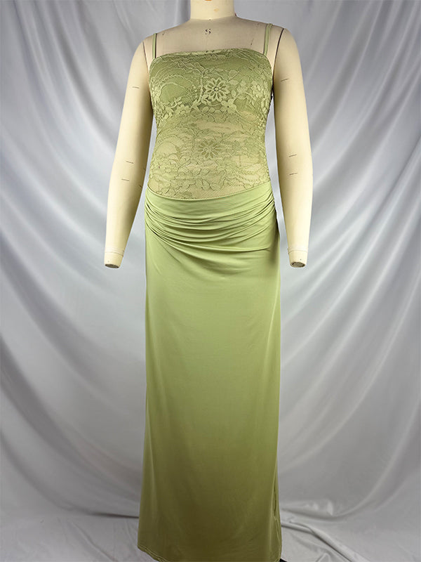 Green Lace Ruched Cami Elegant Maternity Photoshoot Maxi Dress