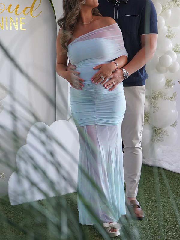 fotobeyou Light Blue Mesh Off Shoulder Ruched Mermaid Elegant Maternity Baby Shower Maxi Dress