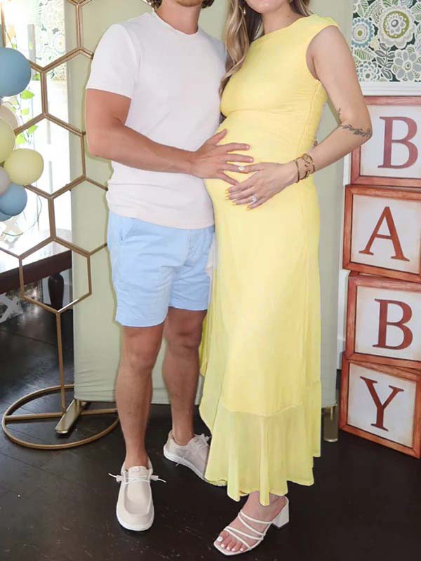 fotobeyou Yellow Mesh Ruffle One Shoulder Side Slit Maternity Maxi Dress