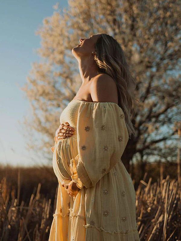 fotobeyou Apricot Daisy Off Shoulder Ruffle Boho Maternity Photoshoot Maxi Dress