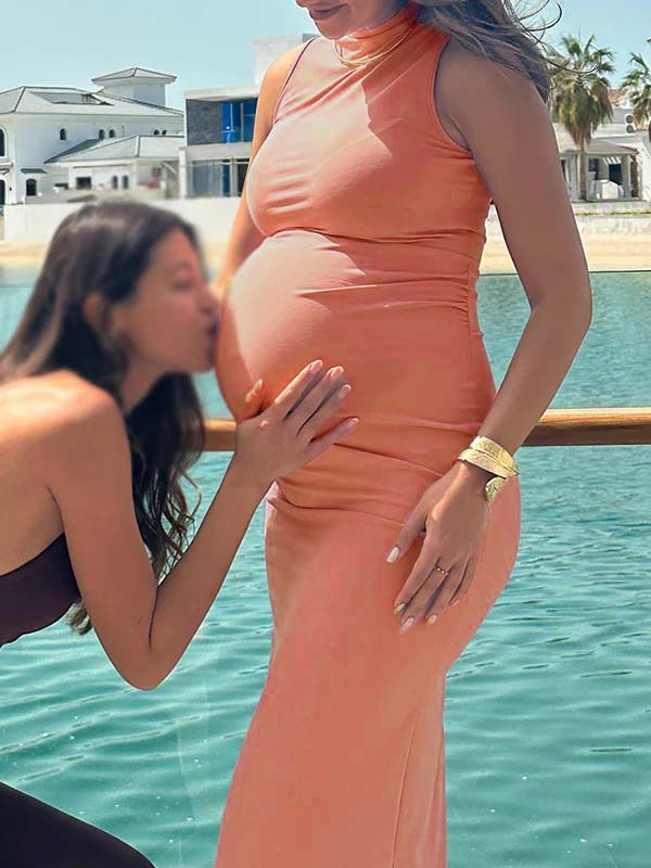 fotobeyou Pink High Neck Sleeveless Elegant Maternity Baby Shower Midi Dress