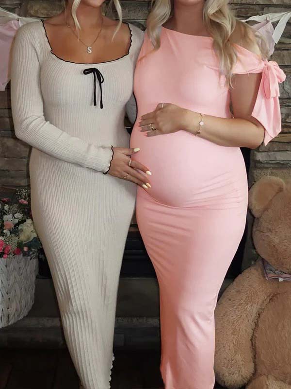 Pink Bowknot One Shoulder Elegant Maternity Baby Shower Maxi Dress