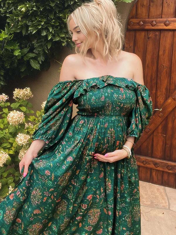 fotobeyou Floral Smocked Ruffle Falbala Off Shoulder Big Swing Elegant Maternity Photoshoot Maxi Dress