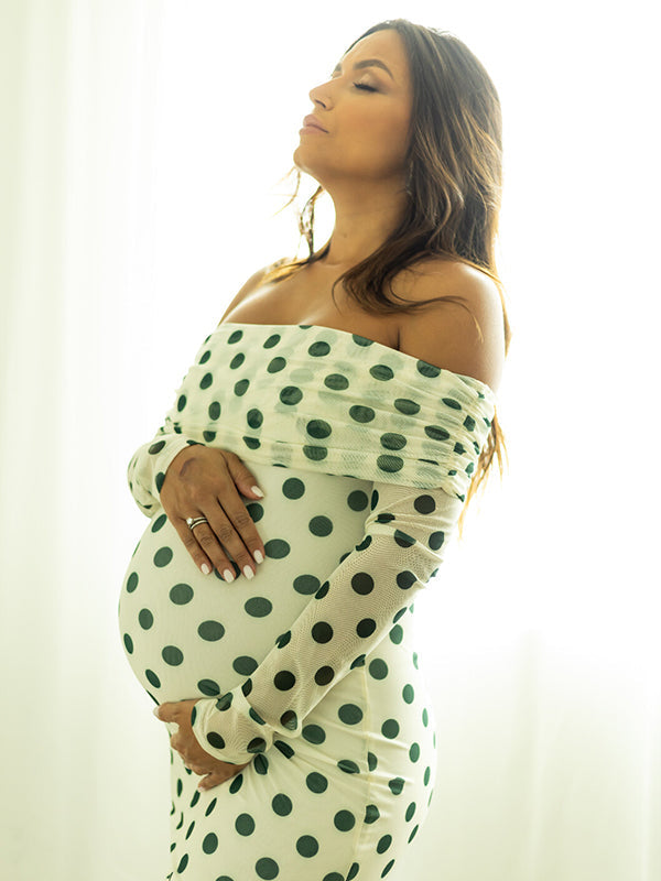 fotobeyou White Off Shoulder Olive Green Polka Dot Bodycon Boho Photoshoot Baby Shower Maternity Maxi Dress