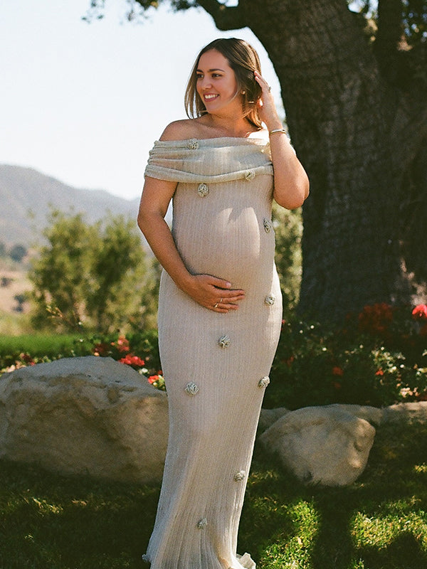Matcha Knit 3D Flowers Off Shoulder Elegant Maternity Maxi Dress