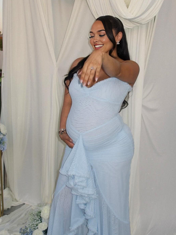 Blue Mesh Ruched Ruffle High-Low Mermaid Cami Elegant Maternity Maxi Dress