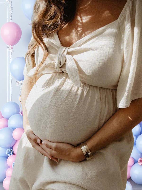 fotobeyou Bow Flutter Sleeve Solid V-neck Flowy Cute Gender Reveal Maternity Maxi Dress