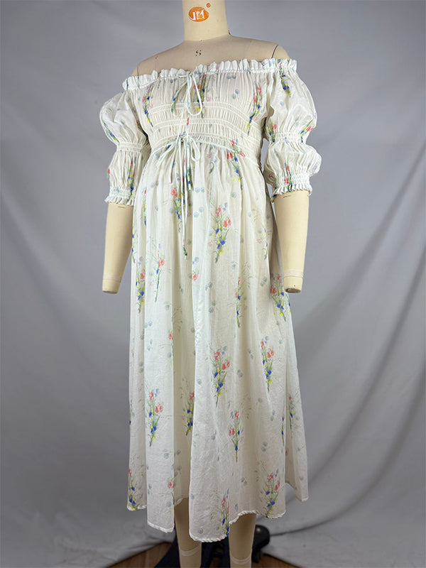 fotobeyou White Floral Smocked Tie Puff Sleeve Off Shoulder Flowy Boho Photoshoot Baby Shower Maternity Maxi Dress