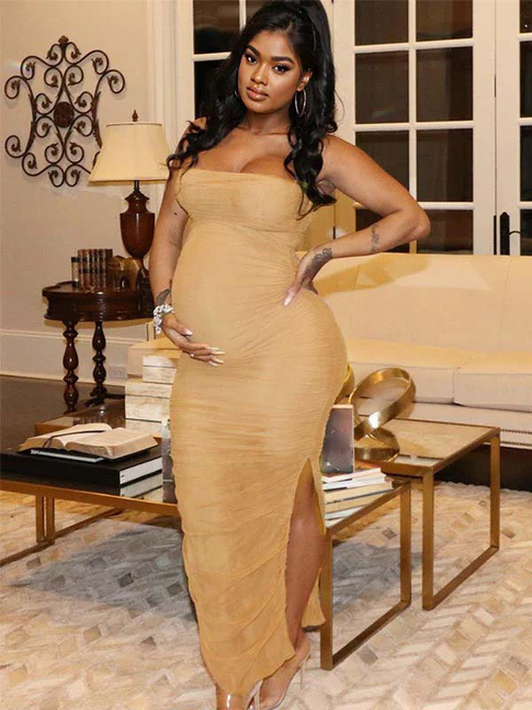 fotobeyou Apricot Ruched Side Slit Bodycon Baby Shower Maternity Dress