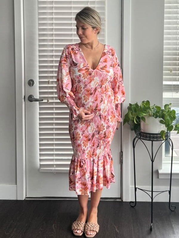 fotobeyou Pink Floral Smocked Mermaid Deep V-neck Lantern Sleeve Elegant Cocktail Party Maternity Photoshoot Baby Shower Maxi Dress