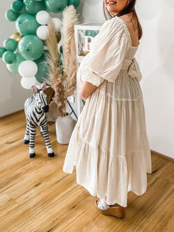 fotobeyou White Off Shoulder Ruffle Shirred Boat Neck Puff Sleeve Bow Bohemian Ivory Maternity Photoshoot Dress