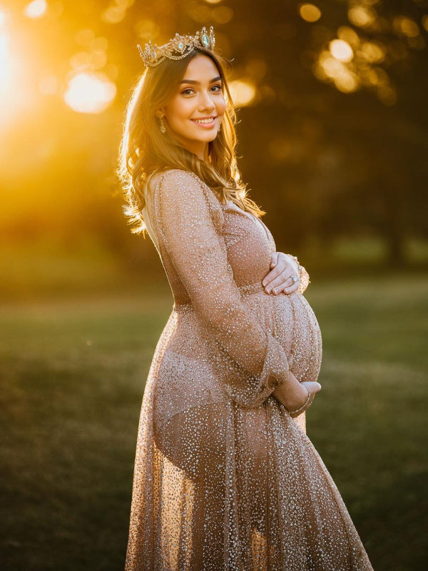 fotobeyou Belly Friendly V-neck Glitter Pleated Belt Boho Evening Photoshoot Babyshower Maternity Maxi Dress