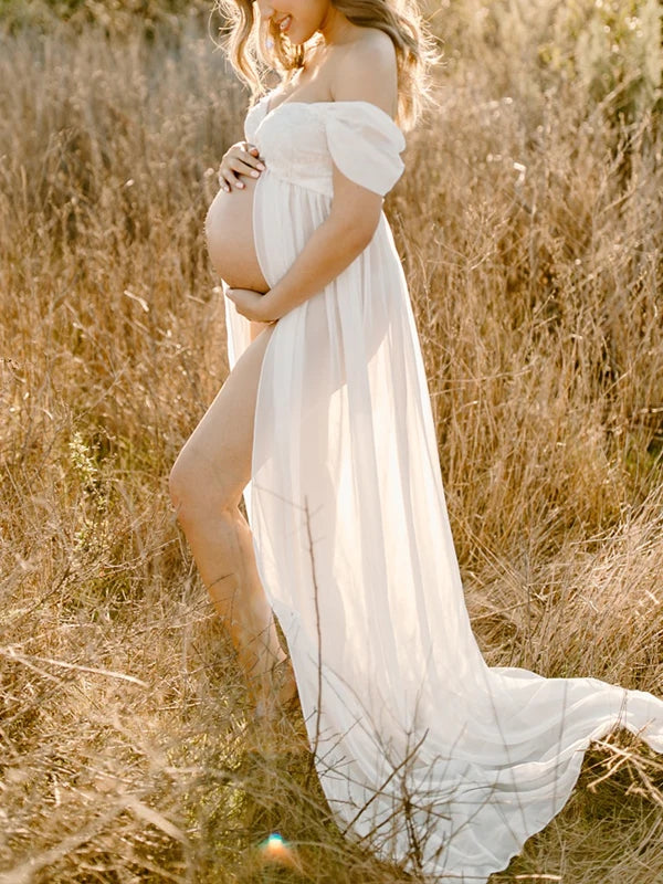 fotobeyou Off-shoulder Grenadine Cross Chest Maternity Dresses For Photoshoot Maxi Dress